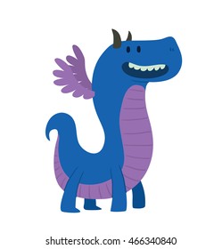 Vector cartoon image of a funny big blue dragon with horns, with lilac belly and small wings, standing and smiling on a white background. Vector illustration of a cartoon dragon.