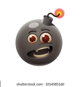 Vector cartoon image of a funny black bomb with a surprised expression on its face on a white background. Emoticons, emoji, character, smiley. Vector illustration.