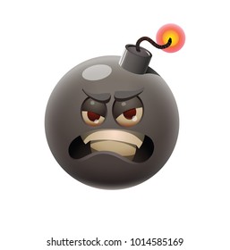 Vector cartoon image of a funny black bomb with an angry expression on its face on a white background. Emoticons, emoji, character, smiley. Vector illustration.