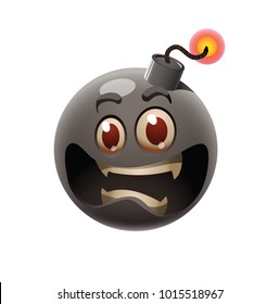 Vector cartoon image of a funny black bomb with a happy expression on its face on a white background. Emoticons, emoji, character, smiley, expression. Vector illustration.