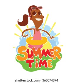 Vector cartoon image of funny black girl with brown hair with a rubber ring standing on the background of yellow sun with blue clouds, behind the colored lettering "Summer time" on a white background.