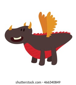 Vector cartoon image of a funny black dragon with horns, with red belly and small wings, flying and smiling on a white background. Vector illustration of a cartoon dragon.