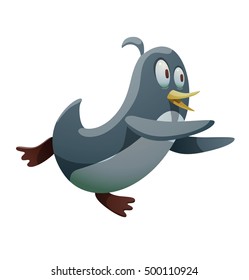 Vector cartoon image of a funny black-white penguin with a yellow beak running somewhere on a white background. Positive character. Penguin. Antarctica. Vector illustration.