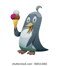 Vector cartoon image of a funny black-white penguin with a yellow beak standing with ice cream in wing and smiling on a white background. Positive character. Penguin. Antarctica. Vector illustration.