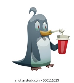 Vector cartoon image of a funny black-white penguin with a yellow beak drinking a drink in a red cup with a straw on a white background. Positive character. Penguin. Antarctica. Vector illustration.