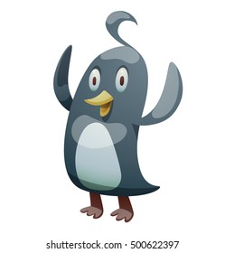 Vector cartoon image of a funny black-white penguin with a yellow beak standing with upraised wings and smiling on a white background. Positive character. Penguin. Antarctica. Vector illustration.