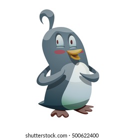 Vector cartoon image of a funny black-white penguin with a yellow beak standing embarrassed on a white background. Positive character. Penguin. Antarctica. Vector illustration.