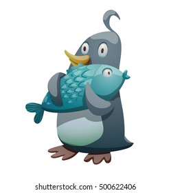 Vector cartoon image of a funny black-white penguin with a yellow beak standing with a big blue fish in the wings on a white background. Positive character. Penguin. Antarctica. Vector illustration.