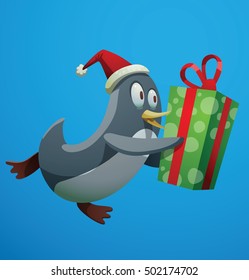 Vector cartoon image of a funny black-white penguin in a red Santa hat running with a green gift in the wings on a blue background. Holiday, New Year, Christmas, Santa Claus. Christmas penguin.