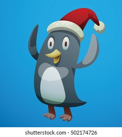 Vector cartoon image of a funny black-white penguin in a red Santa hat standing with upraised wings and smiling on a blue background. Holiday, New Year, Christmas, Santa Claus. Christmas penguin.