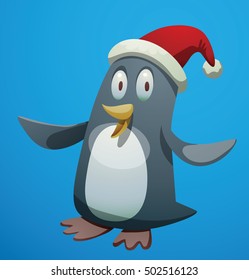 Vector cartoon image of a funny black-white penguin in a red Santa hat standing and smiling on a blue background. Holiday, New Year, Christmas, Santa Claus. Christmas penguin. Vector illustration.