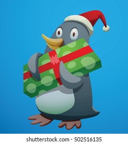 Vector cartoon image of a funny black-white penguin in a red Santa hat standing with a big green gift in the wings on a blue background. Holiday, New Year, Christmas, Santa Claus. Christmas penguin.