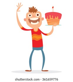 Vector cartoon image of a funny boy with brown hair in blue trousers and red jacket with a big pink-orange cake with a candle in his hand on a white background. Holiday, birthday. Vector illustration.