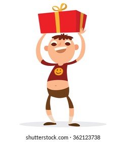 Vector cartoon image of a funny boy with brown hair in brown shorts, maroon T-shirt with a big red gift in his hands above his head on a white background. Holiday, birthday. Vector illustration.