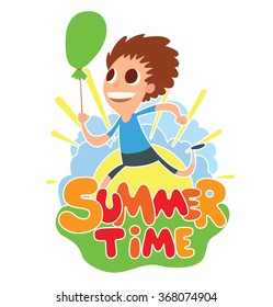 Vector cartoon image of funny boy with brown hair with green balloon in hand running on the background of yellow sun with blue clouds, behind the colored lettering "Summer time" on a white background.