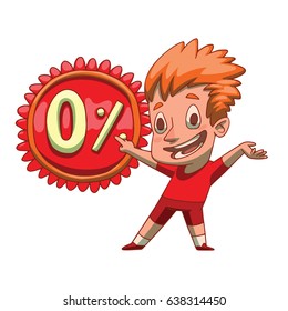 Vector cartoon image of a funny boy with curly red hair in red shorts and t-shirt presenting round red label "0 %" on a white background. Business, sale, businessman, shop.