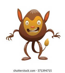 Vector cartoon image of funny brown furry monster with two eyes and a mouth with teeth, two ears, two arms and two legs and a brown tail on a white background. Halloween. Vector illustration.