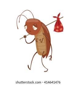 Vector cartoon image of funny brown cockroach with antennae and six legs walking with a knapsack on a stick behind his back on white background. Anthropomorphic cartoon cockroach. Vector illustration.