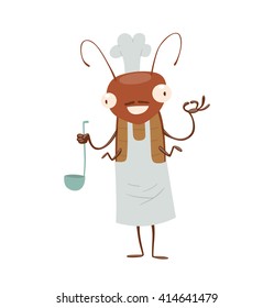 Vector cartoon image of a funny brown cockroach with antennae and six legs in white apron, chef's hat with a ladle in paw on a white background. Anthropomorphic cartoon cockroach. Vector illustration.