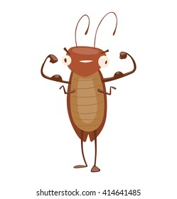 Vector cartoon image of a funny brown cockroach with antennae and six legs standing and showing his biceps on a white background. Anthropomorphic cartoon cockroach. Vector illustration.