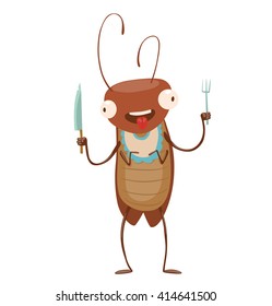 Vector cartoon image of a funny brown cockroach with antennae and six legs in bib standing with fork and knife in his legs on a white background. Anthropomorphic cartoon cockroach. Vector illustration