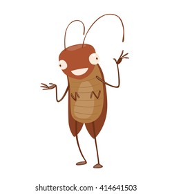 Vector cartoon image of a funny brown cockroach with antennae and six legs standing and smiling on a white background. Anthropomorphic cartoon cockroach. Vector illustration.