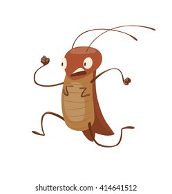 Vector cartoon image of a funny brown cockroach with antennae and six legs running somewhere on a white background. Anthropomorphic cartoon cockroach. Vector illustration.