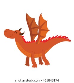 Vector cartoon image of a funny brown dragon with horns, with orange belly and big wings, flying and smiling on a white background