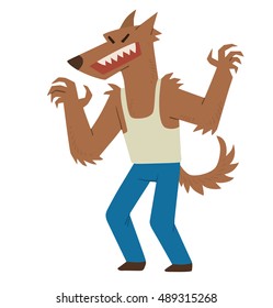 Vector cartoon image of funny brown werewolf in blue pants and a white tank top standing and frightening someone on a white background. Halloween. Vector illustration.