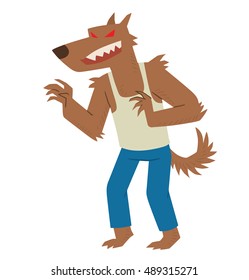 Vector cartoon image of funny brown werewolf in blue pants and a white tank top standing with scary red eyes on a white background. Halloween. Vector illustration.