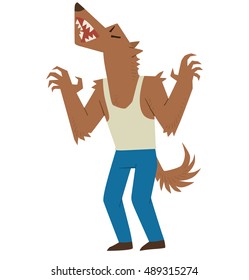 Vector cartoon image of funny brown werewolf in blue pants and a white tank top standing and howling at the moon on a white background. Halloween. Vector illustration.