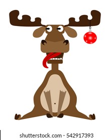 Vector cartoon image of funny brown elk with horns and with red ball on a light background. Vector illustration.
