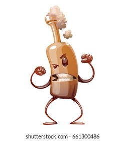 Vector cartoon image of a funny brown bottle of beer with arms and legs, aggressively standing on a white background. Alcohol, party, drink. Vector illustration.