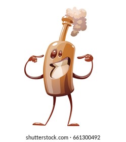 Vector cartoon image of a funny brown bottle of beer with arms and legs, happily standing and smiling on a white background. Alcohol, party, drink. Vector illustration.