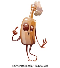 Vector cartoon image of a funny brown bottle of beer with arms and legs, embarrassedly standing and smiling on a white background. Alcohol, party, drink. Vector illustration.