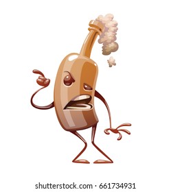 Vector cartoon image of a funny brown bottle of beer with arms and legs, displeased standing on a white background. Alcohol, party, drink. Vector illustration.