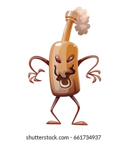 Vector cartoon image of a funny brown bottle of beer with arms and legs, standing and ominously laughing on a white background. Alcohol, party, drink. Vector illustration.