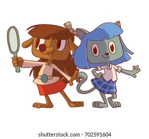 Vector cartoon image of a funny brown female dog with long brown hair in a pink blouse and red skirt and funny gray female cat with blue hair in a white shirt and blue skirt on a white background. 