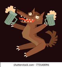 Vector cartoon image of a funny brown heraldic wolf sitting with two mugs of beer in paws on a dark background. Coat of arms, heraldry, emblem, symbol. Color image. Vector illustration.