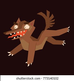 Vector cartoon image of a funny brown heraldic wolf running somewhere and smiling on a dark background. Coat of arms, heraldry, emblem, symbol. Color image. Vector illustration.