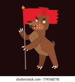 Vector cartoon image of a funny brown heraldic bear standing with a red flag in his paws on a dark background. Coat of arms, heraldry, emblem, symbol. Color image. Vector illustration.