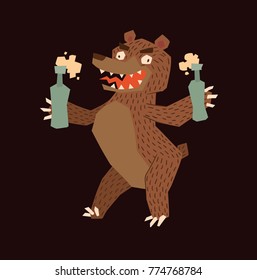 Vector cartoon image of a funny brown heraldic bear standing with two bottles of beer in paws on a dark background. Coat of arms, heraldry, emblem, symbol. Color image. Vector illustration.