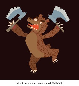 Vector cartoon image of a funny brown heraldic bear standing with two axes in his paws on a dark background. Coat of arms, heraldry, emblem, symbol. Color image. Vector illustration.