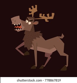 Vector cartoon image of a funny brown heraldic moose standing turn left on a dark background. Coat of arms, heraldry, emblem, symbol. Color image. Vector illustration.