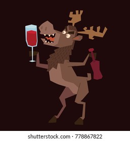 Vector cartoon image of a funny brown heraldic moose standing with a bottle and a glass of wine in hooves on a dark background. Coat of arms, heraldry, emblem, symbol. Color image. Vector illustration