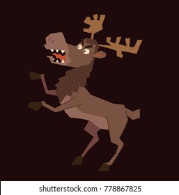 Vector cartoon image of a funny brown heraldic moose standing on his hind hooves and growling on a dark background. Coat of arms, heraldry, emblem, symbol. Color image. Vector illustration.