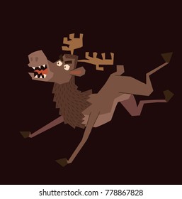 Vector cartoon image of a funny brown heraldic moose running somewhere on a dark background. Coat of arms, heraldry, emblem, symbol. Color image. Vector illustration.