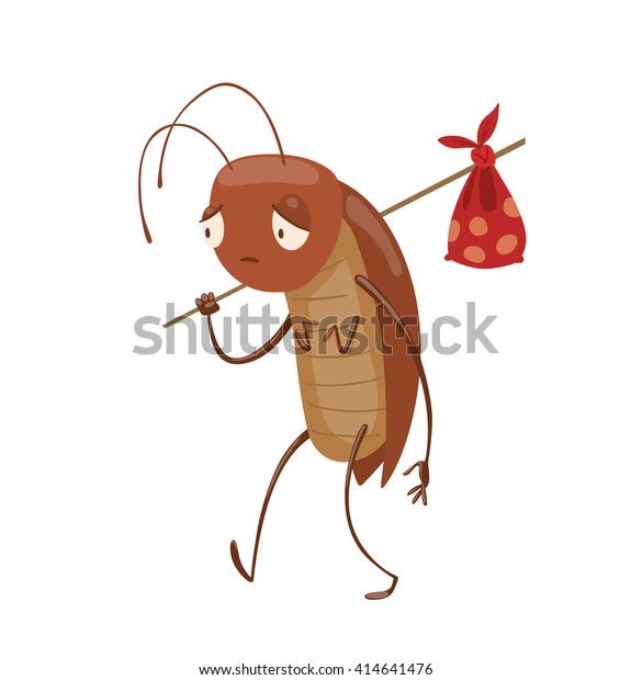 白い背景に背中にナップサックを背にして歩く 触角と6本の脚を持つ笑える茶色のゴキブリのベクター漫画画像 擬人化的に描かれた漫画のゴキブリ ベクター イラスト のベクター画像素材 ロイヤリティフリー