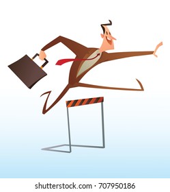 Vector cartoon image of a funny businessman with black hair in a brown suit and red tie, jumping over the barrier with a black briefcase in his hand on a white background. Business, office, work.