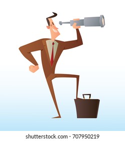 Vector cartoon image of a funny businessman with black hair in a brown suit and red tie, standing next to a black briefcase with a spyglass in his hand on a white background. Business, office, work.